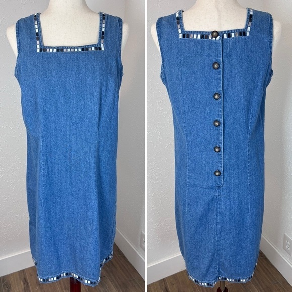 VNTG Y2K Christopher & Banks Denim Jumper Mini Shift Dress - Picture 1 of 9